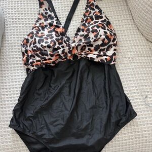 Kids One-Piece Swimsuit with Black and Leopard Print